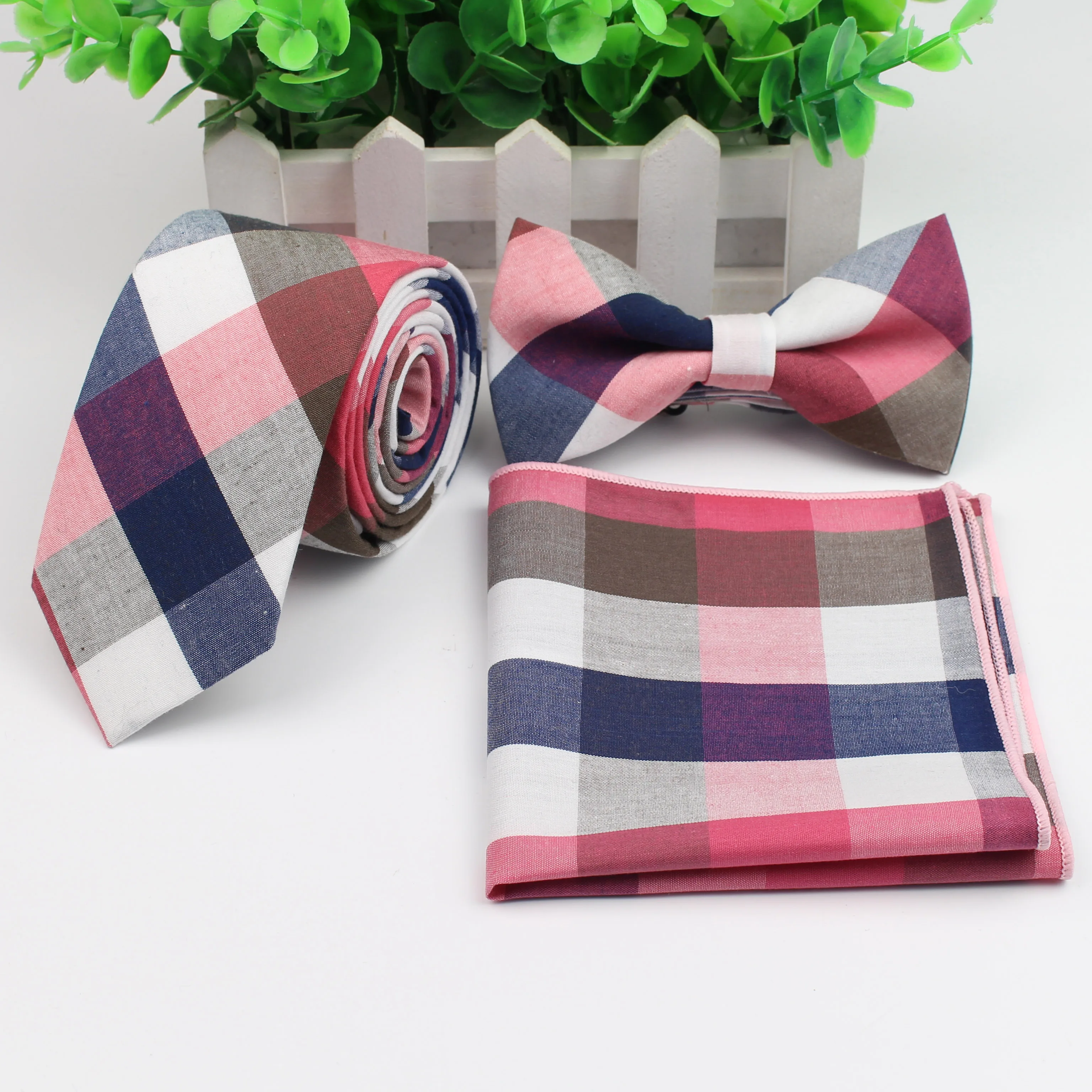 Cotton Neck Tie Set For Men Slim Necktie Strip Tartan Hankerchief Bowtie Set Papillon Wedding Cravat Butterfly Corbatas