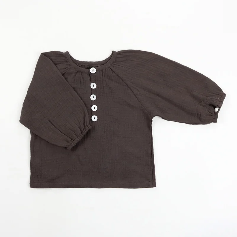 
Organic Muslin Cotton Gray Autumn Boutique High Quality Hot Sale Full Sleeve Baby Tops 