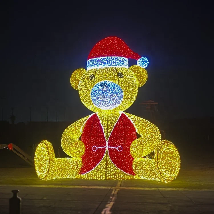 Commercial Display Outdoor Giant Warm White Teddy Bear With Christmas Hat Holiday lighting