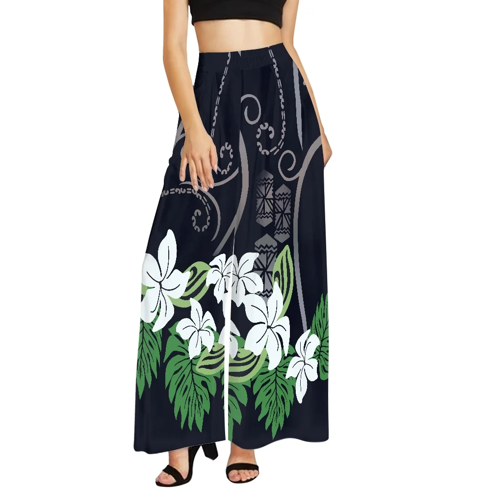 Tall Waist Casual Wide Leg Pants Polynesian Tribal Samoan Puletasi Women Wide Leg Pants Custom Hibiscus Polyester Trousers POD