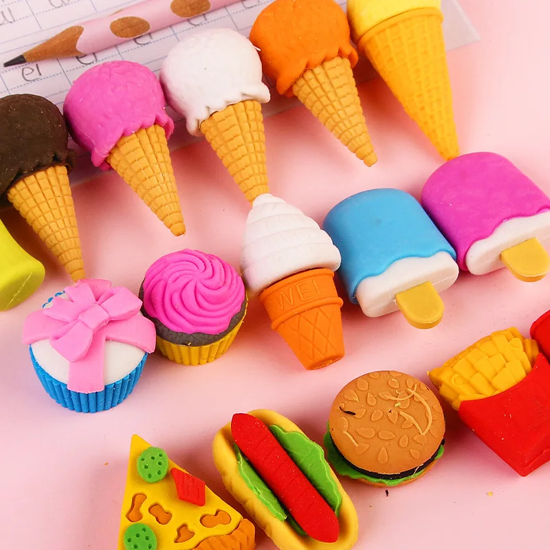 Wholesale promotional gift 3d ice cream cake fancy school gift cute kawaii eraser stationery set for kids