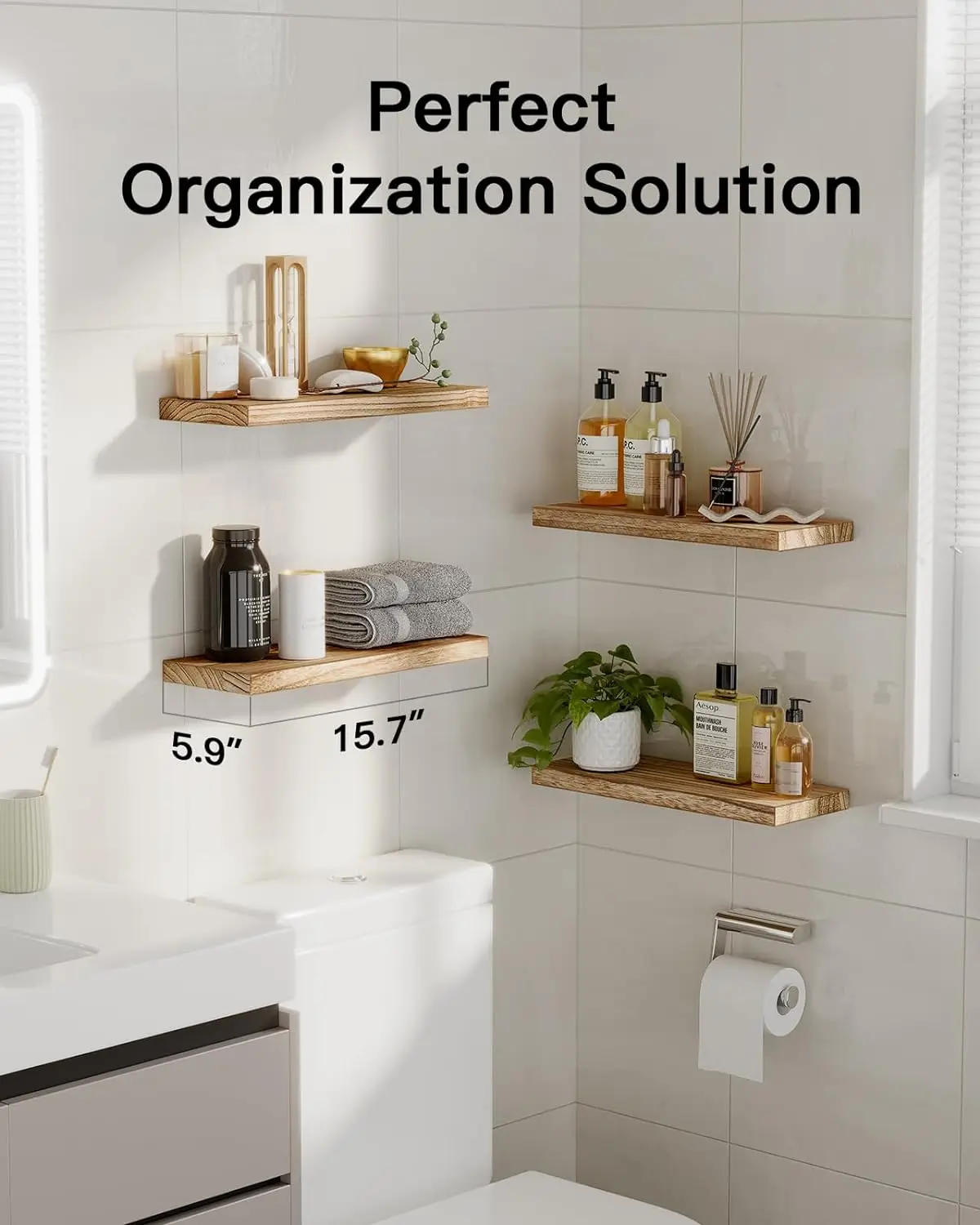 Natural Wood Floating Shelf for Home Storage & Organization, Set of 4