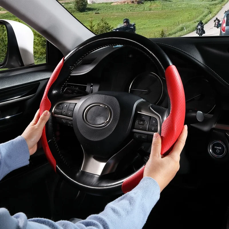Модный Универсальный кожаный чехол на руль из углеродного волокна и микрофибры, натуральная наппа, ПУ, Ручное шитье, аксессуары для интерьера автомобиля, новинка