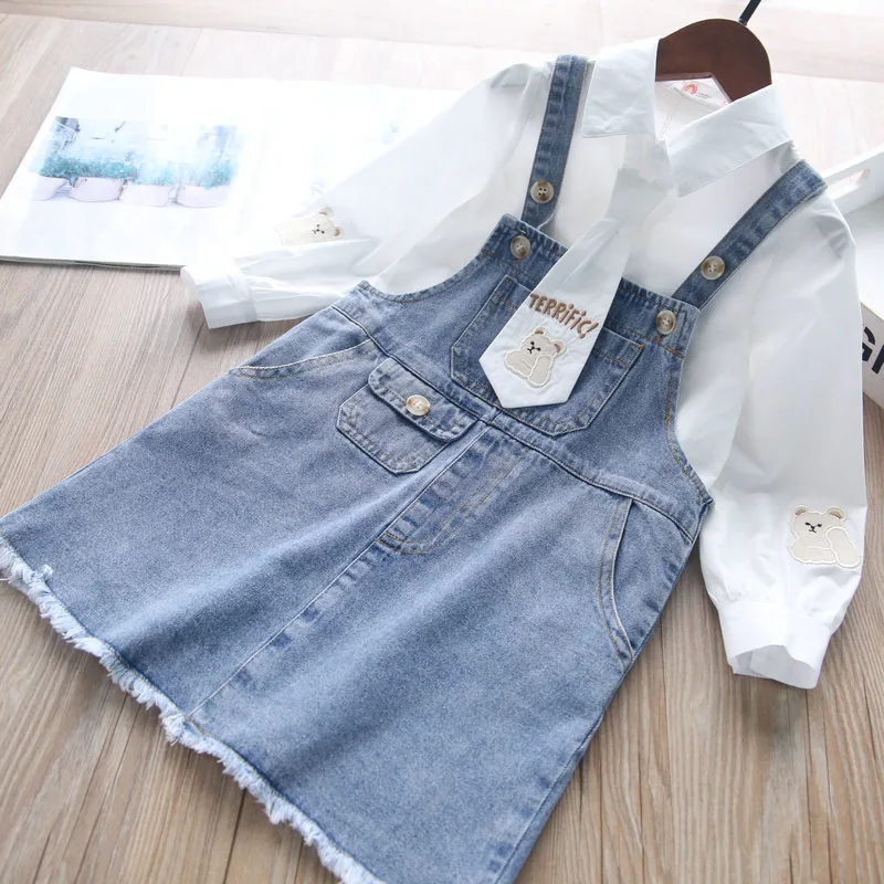 333050G spring 2 pcs clothing sets infant baby girls white blouse with overall denim skirt casual toddler kids clothes outfit
