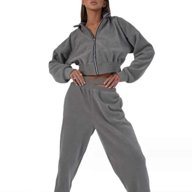 Custom Logo Leather Patch Women Loungewear Sets Sexy Jacket and Pants Set Velour Polar Fleece Jacket Joggers Tracksuit