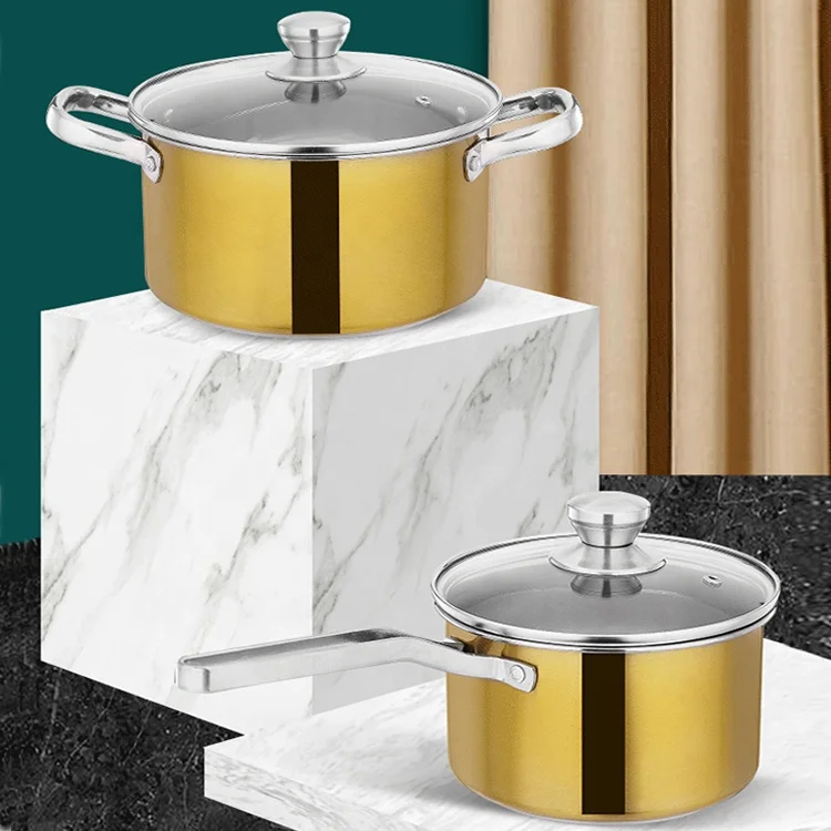 Home general stainless steel milk pot soup pot frying pan set with with glass lid