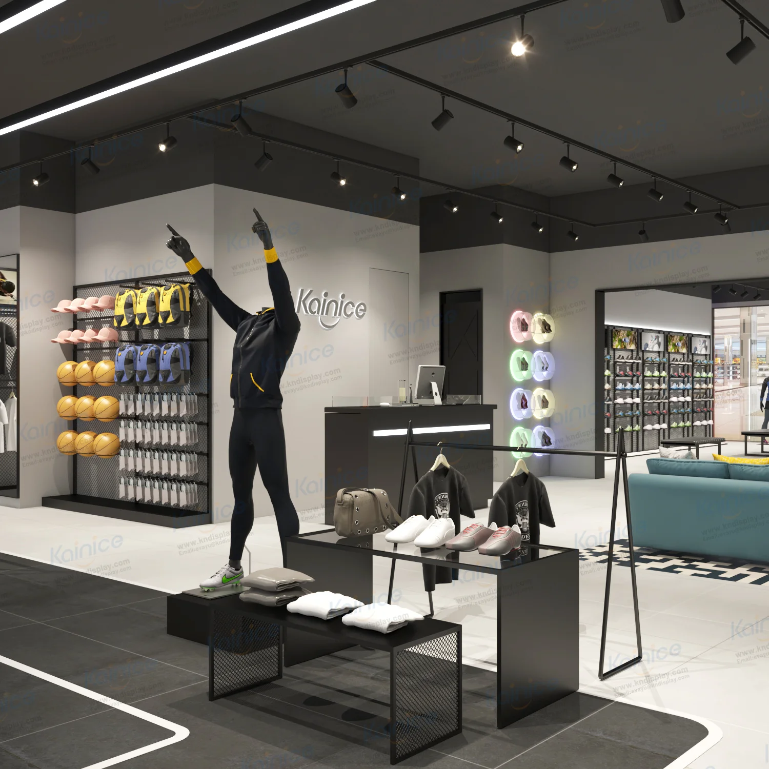 Kainice Business Shelving Design Retail Racks One-stop Cloth Metal Display Black Metal Gondolas For Store