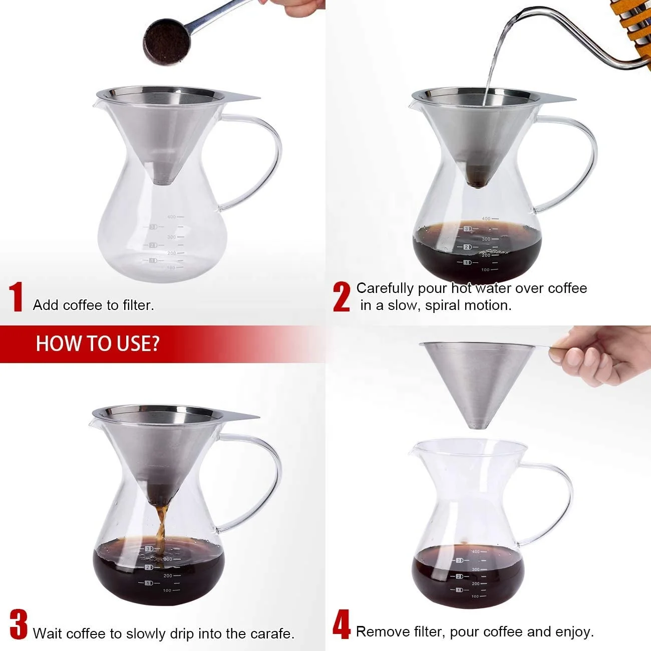 Reusable pour over coffee maker clear glass carafe coffee dripper brewer pot