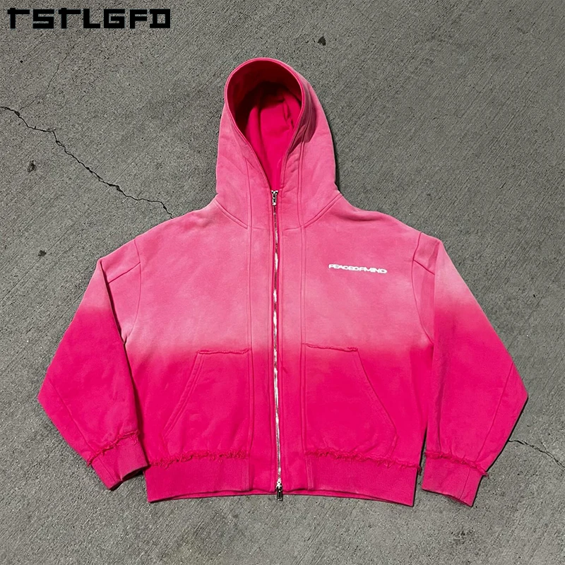 Custom Heavyweight 400 500 Gsm Terry Fleece Zip Jacket Cropped Oversized Boxy Fix Distressed Acid Wash Double Zipper Hoodies Men
