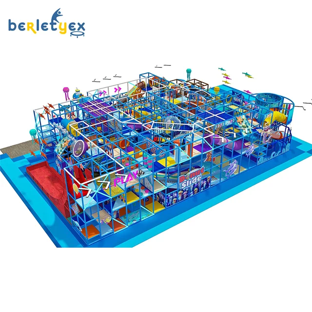 Berletyex Manufacturer Supply Indoor Sharks Blue Theme Children Trampoline Amusement Playground Park Equipment with Pall Pits