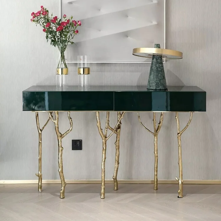 Special design brass base Villa furnishings wooden top Branches style copper console table