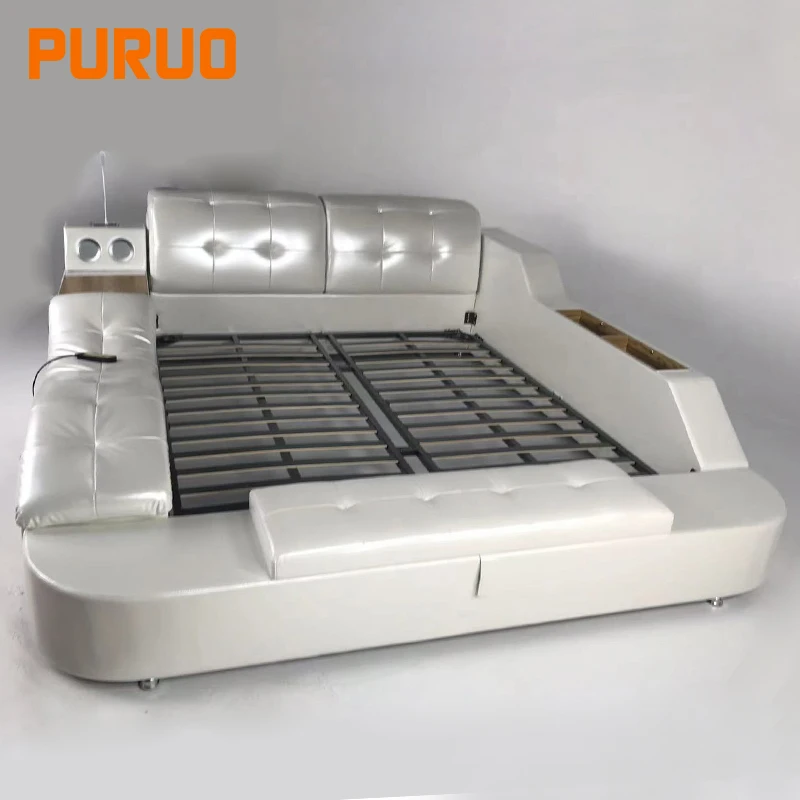 PURUO Luxury smart bed multifunction king size bed set sheet platform message bed with speaker