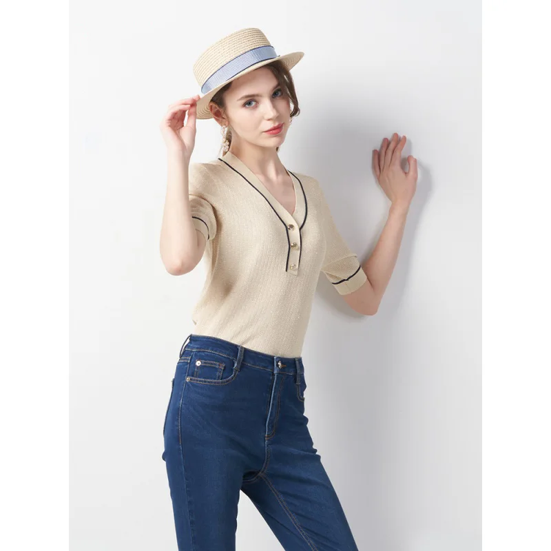 2021 Spring V-neck women sweater pullover knit shortleeve sweater