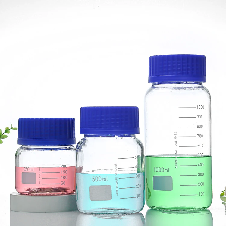 Mass Stocked Clear 500mL Graduated Round Media Storage Glass Bottle With GL45 Blue Polypropylene Screw Cap