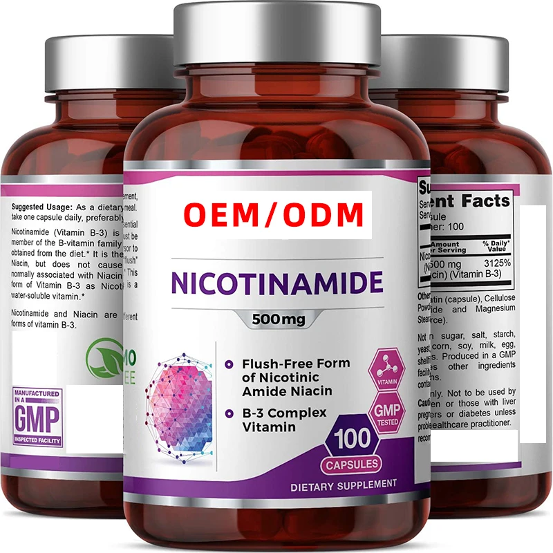 Natural Flush-Free Vitamin Formula 100 Count B3 500mg Nicotinamide Capsules Supports Skin Cell Health