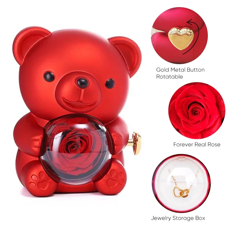 Dropshipping New Hot Preserved Real Rotating Rose Teddy Bear Jewelry Gift Box with Two Round Necklace Gifts for Women Mom Wife
