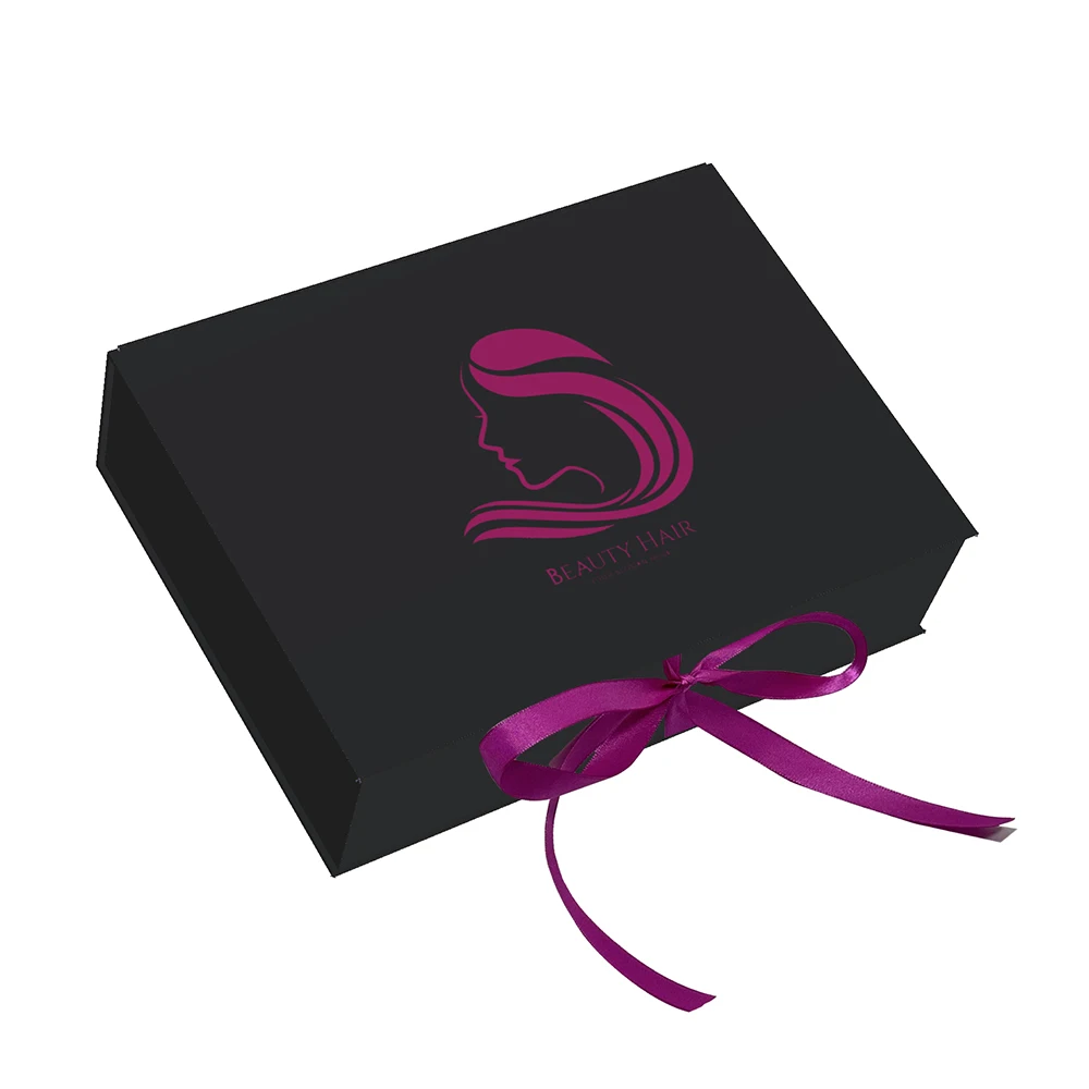Cardboard Black Paper Packing Gift Weave Custom Logo Bundle Luxury Hair Extension Packaging Box