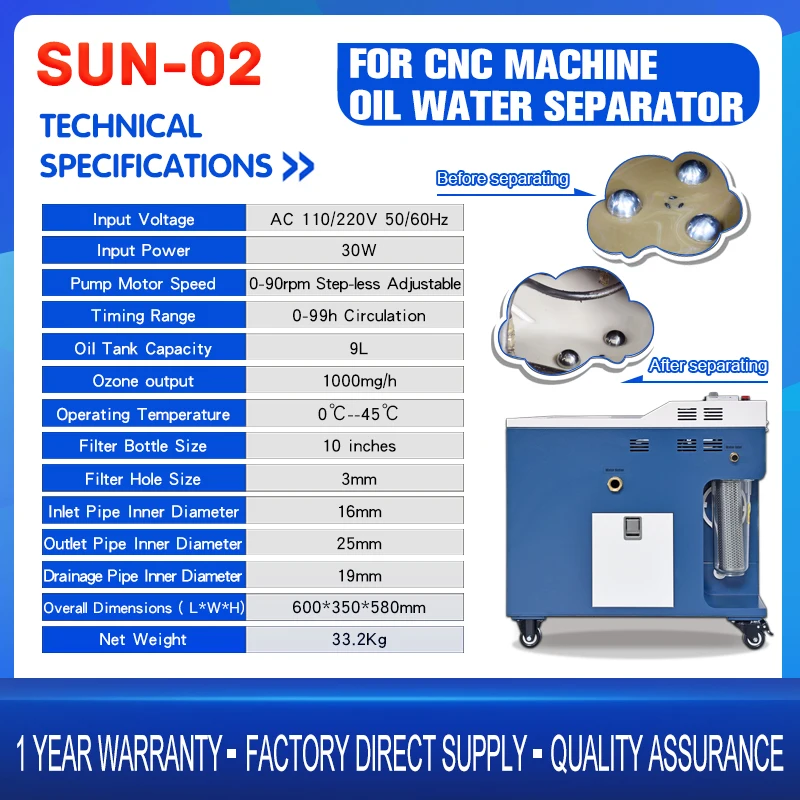 Oil Water Separator  SUN-02 30W Oil Skimmer, 9L Oil Tank for CNC Machine Tool Cutting Fluid Purification