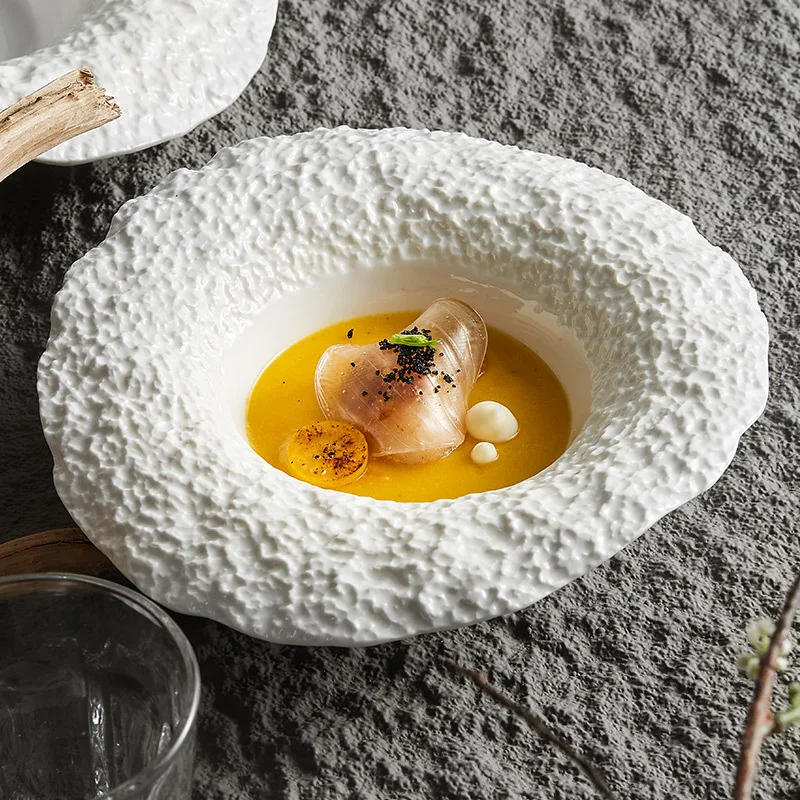 Hat Shape Hotel Wedding Restaurant Soup Plates Dinner Ceramic Porcelain Tableware with Rock Texture