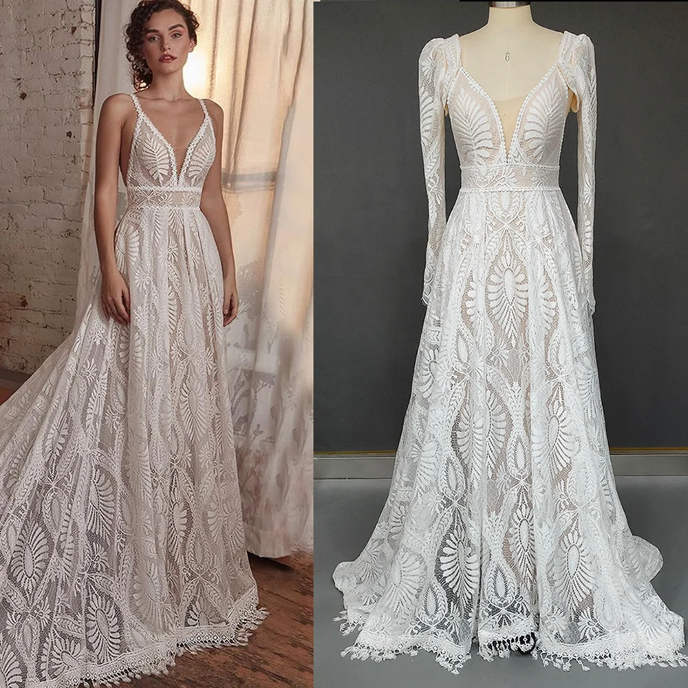 Boho Lace Bolero Long Sleeves Backless Bridal Gowns Sweep Brush Train Wedding Dress for Women