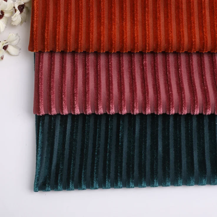 100% Polyester A Series Of Corduroy style of  tricot knitting Striped Velvet reclining sofa fabric
