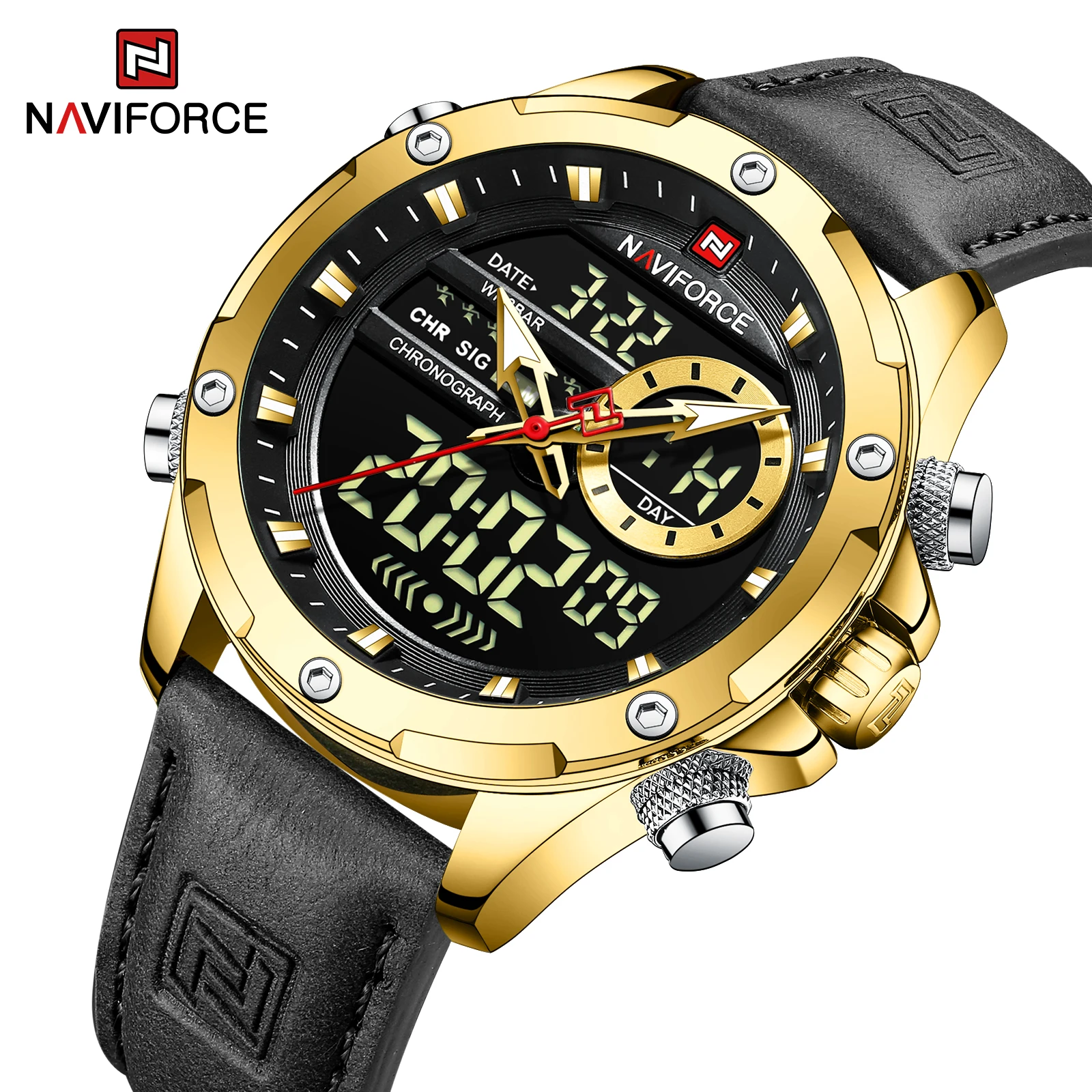 New Arrival NAVIFORCE 9208 Genuine Leather Strap Auto Date Analog LED Digital Quartz Watches For Men
