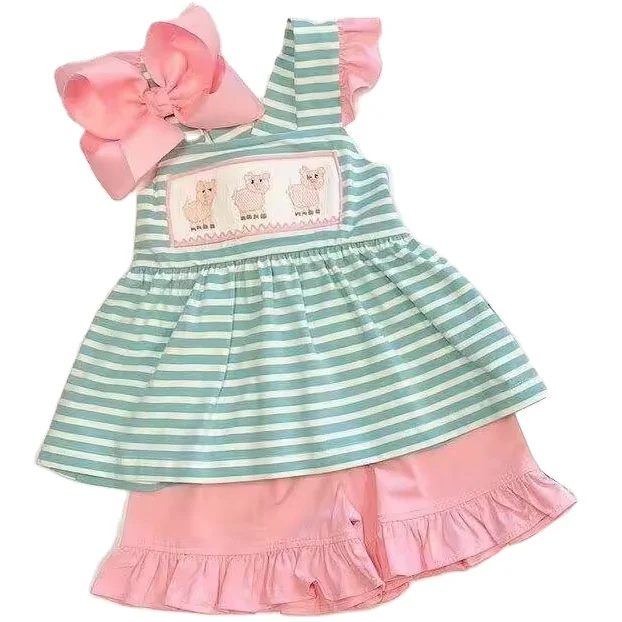 moq 3 All milk silk material green and white striped pink pig print skirt pink shorts girls clothing