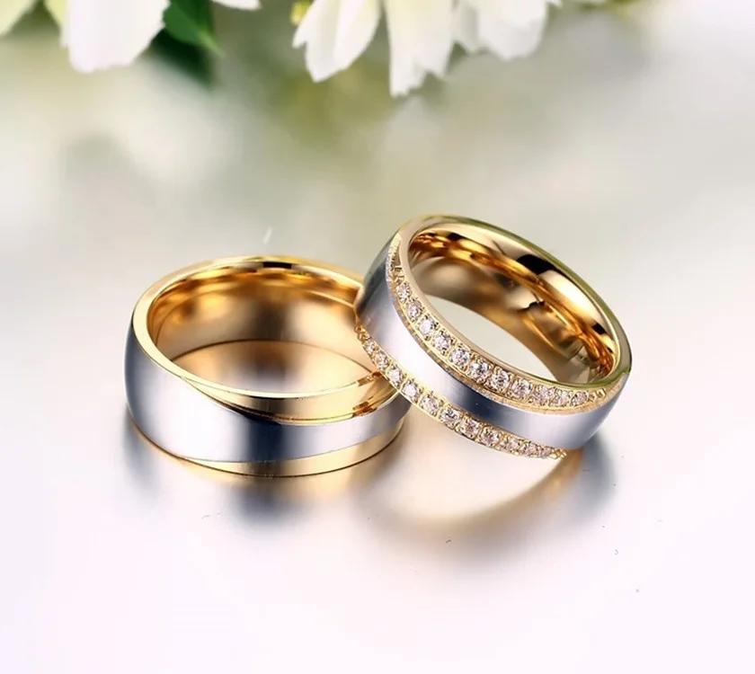Sini Jewelry Wholesale Stainless steel couple wedding ring fashion 14k gold micro set 3A diamond ring jewelry