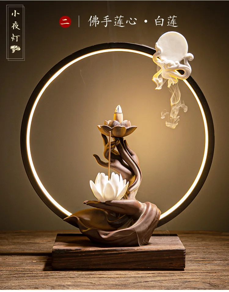 Ywbeyond Home Office Ornaments LED Lamp Ceramic backflow incense burner Zen buddha hand lotus censer waterfall holder