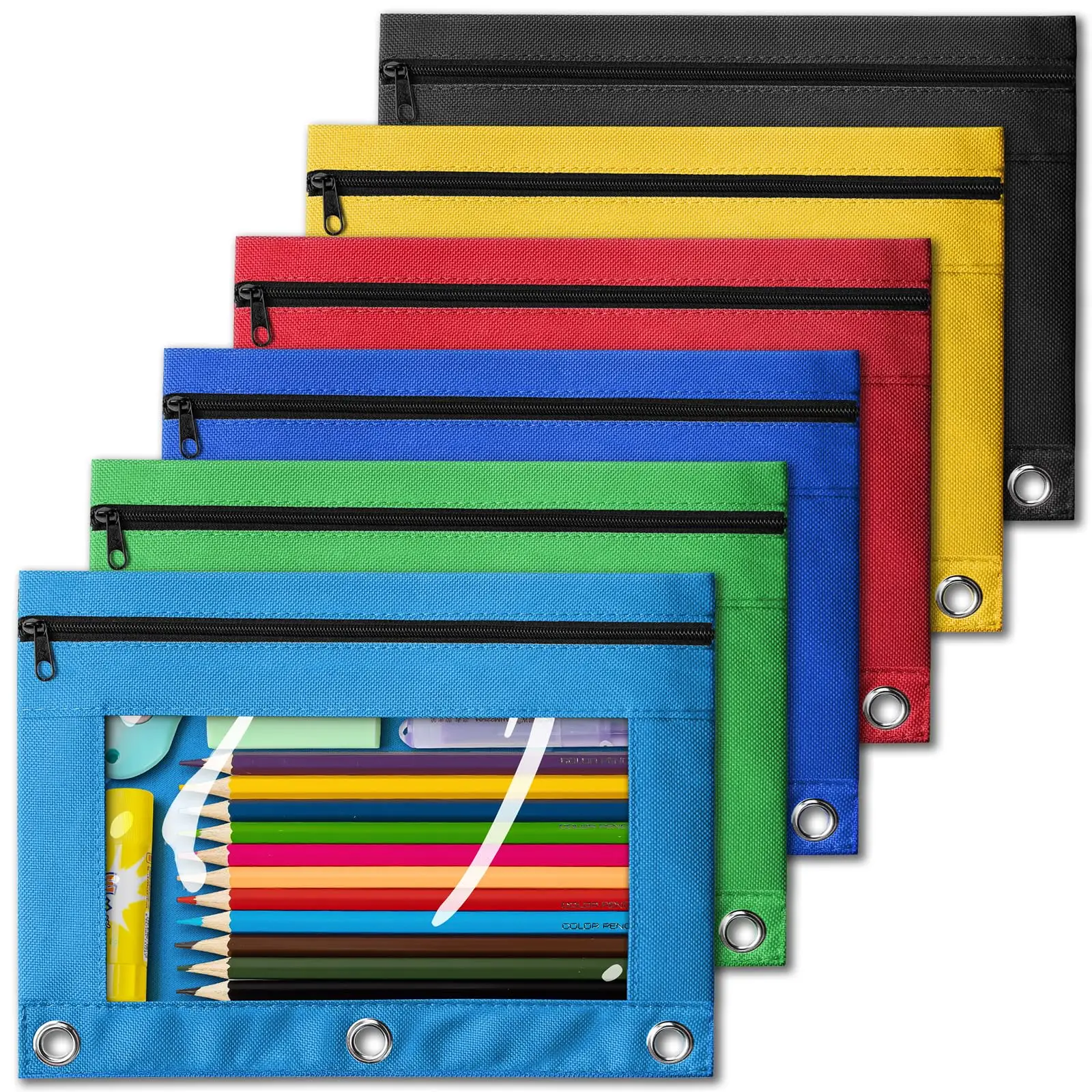 Colorful Oxford Fabric with Mesh Net Bulk Black Pencil Bags Zipper Pouch for 3 Ring Binder for Students