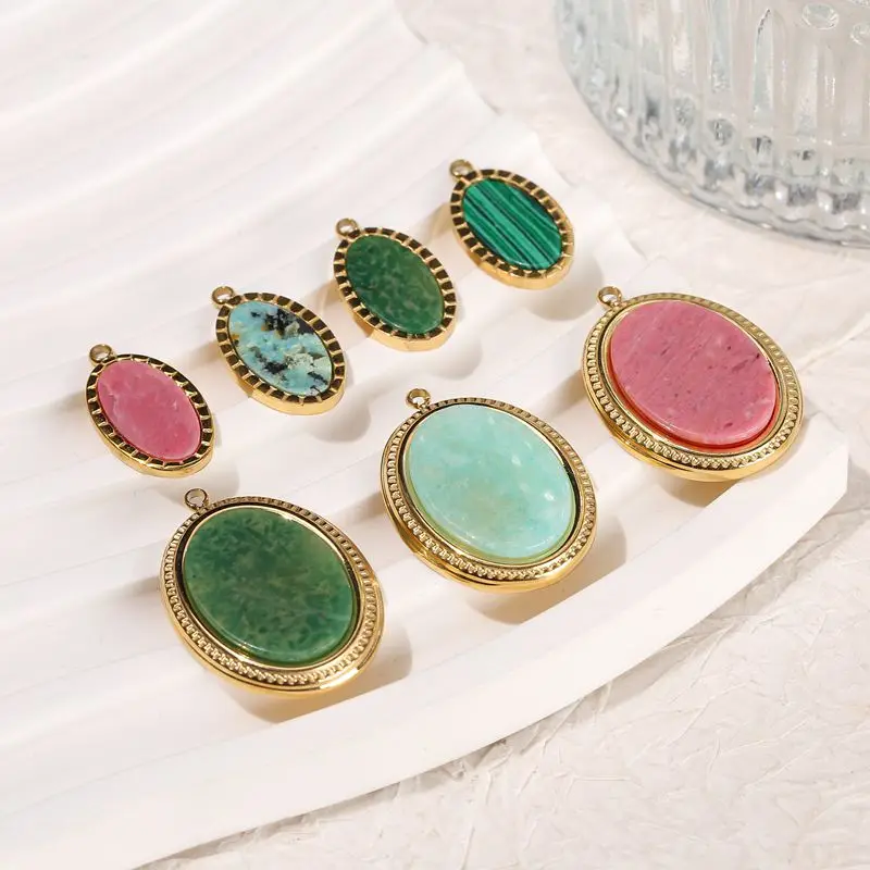 Natural Stone Crystal Oval Pendant Stainless Steel Gold Malachite Rhodonite Jade Turquoise Amazonite Pendants for Making Jewelry