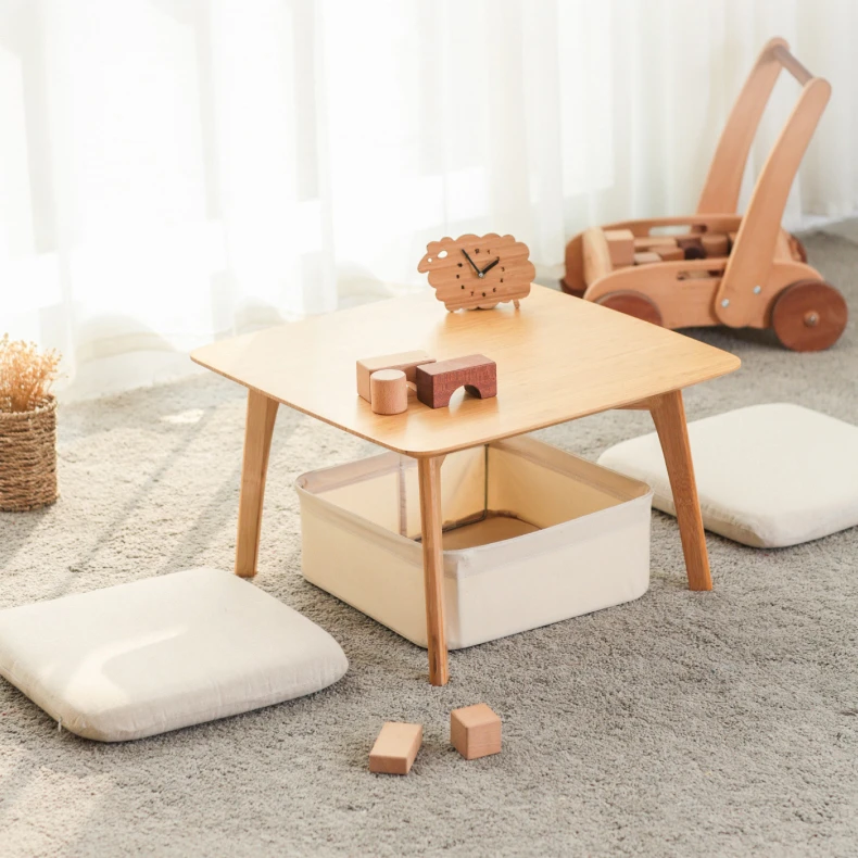 Simple Japanese Style Original Bamboo Material Household Living Room Bay Window Coffe table with Cloth Basket and Cushion