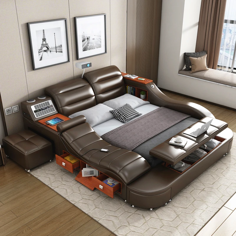 Custom modern leather luxury smart bed with massage music, tatami bed on multi-functional bedroom furniture