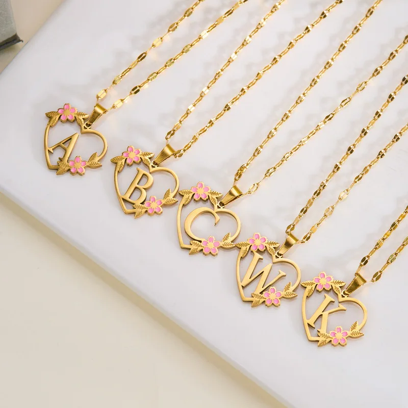 26 letter love flower titanium steel  women Creative 18K golden plated  stainless steel initial necklace