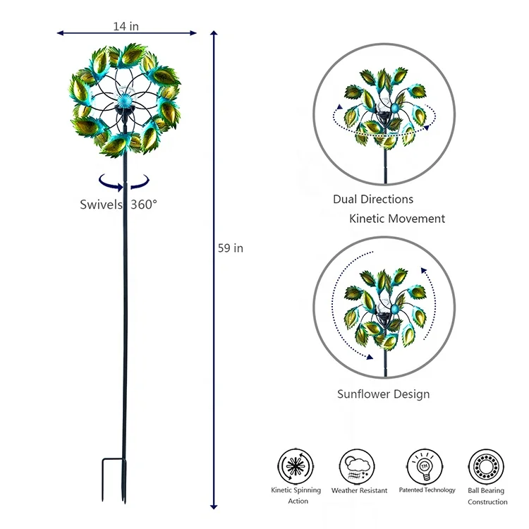 Hourpark Wholesale Green Metal Wind Spinners Peacock Feather Sculpture Ornaments Garden Wind Spinners