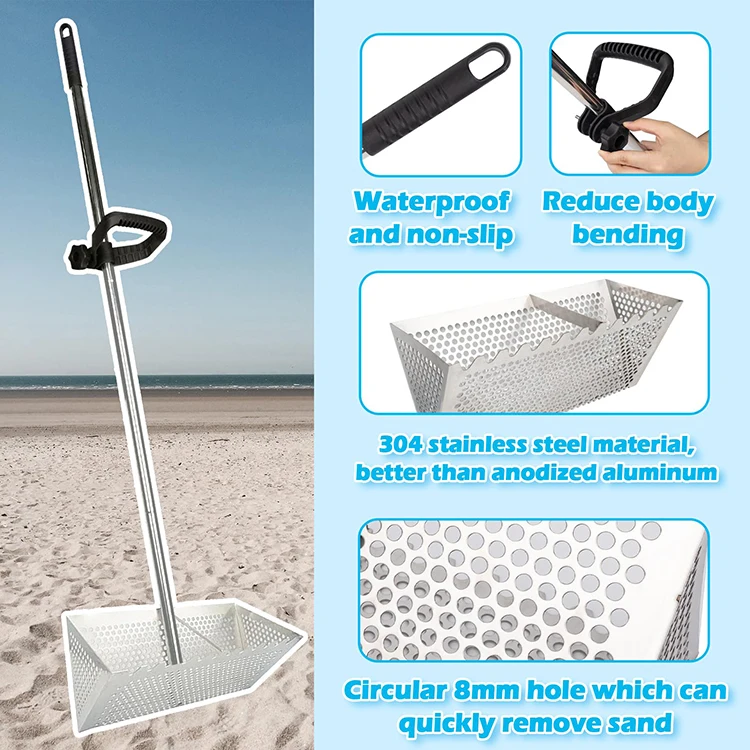 JH-Mech Sand Sifter Beach Mesh Shovel Claw Rake Blunt Teeth Edge Wide Basket Stainless Steel Sand Rake