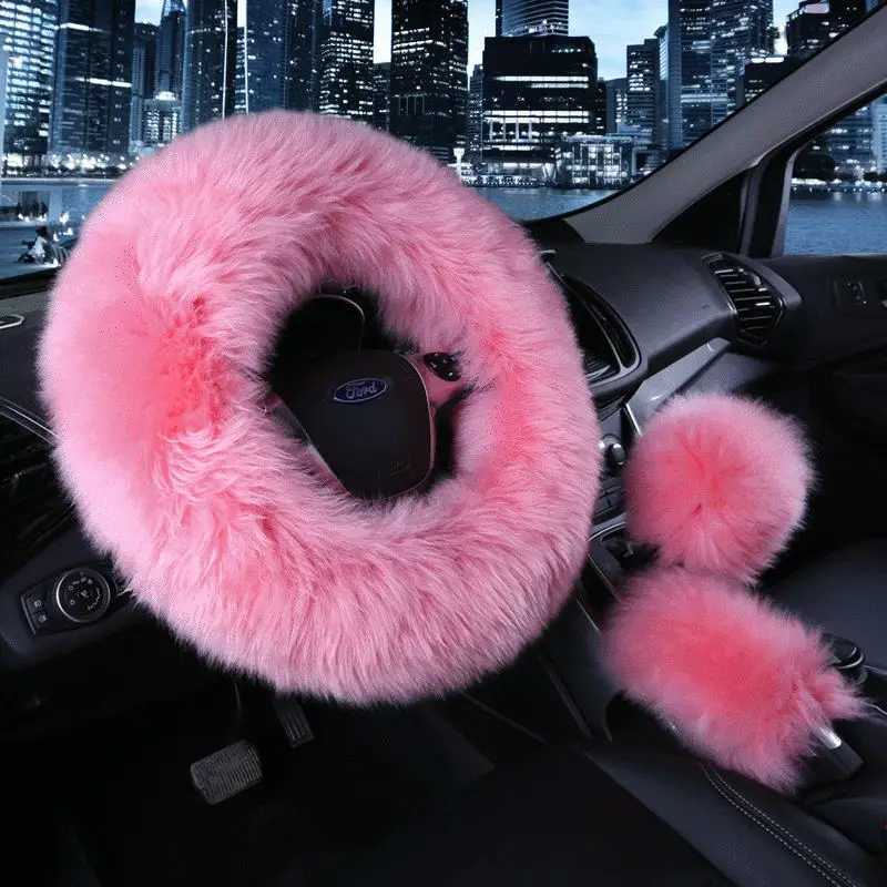 Car Fur Cover Sets Capa Volante Girly Tie Dye Cute Fluffy Set Fuzzy Nice Plush Colorful Steering Wheel Cover