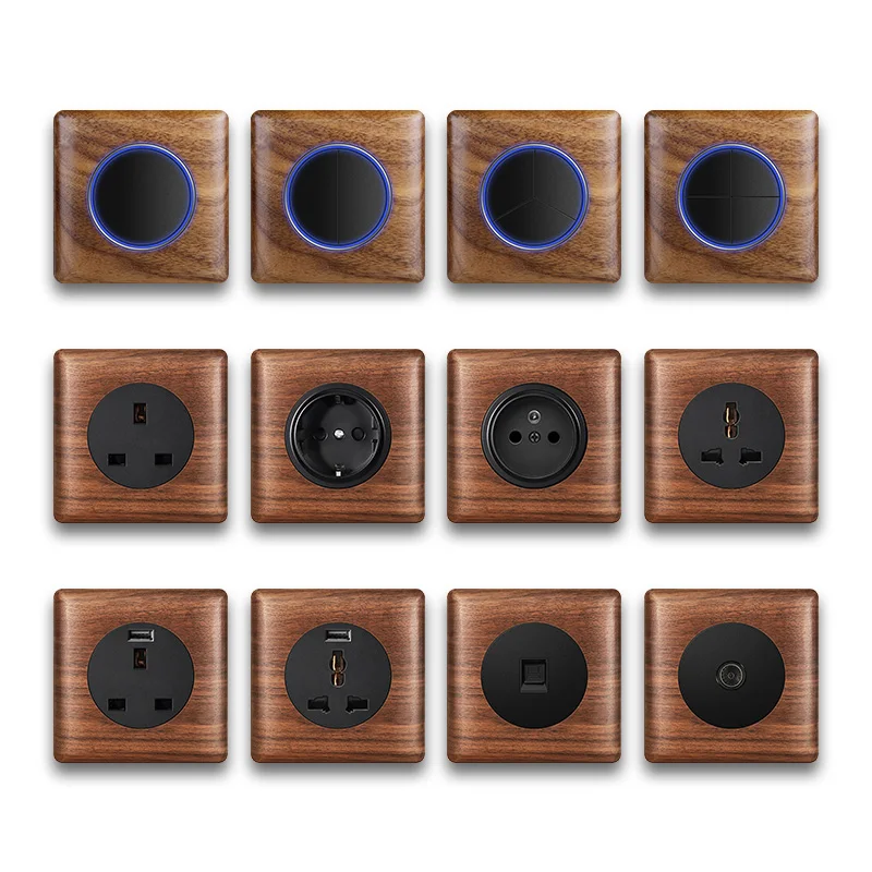 YINKA Solid Wood Aperture Electrical Wall Switch Socket Black Walnut UK EU Socket LED Retro Wood Grain 15 Amp