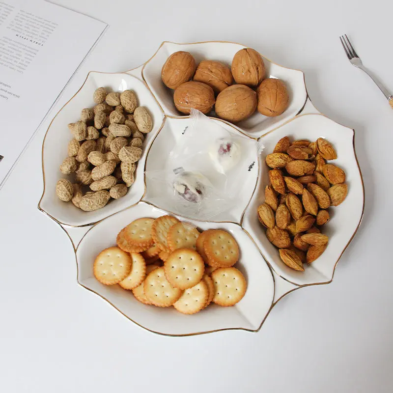 Household Gold White Porcelain Plate Ceramic Combination Dried Fruit Snack Plate Compartment Tray