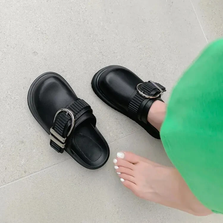 LOGO Custom Wholesale Clog Mule Shoes Custom Logo Genuine Leather 4.5cm Thick Bottom Women Mules Slippers