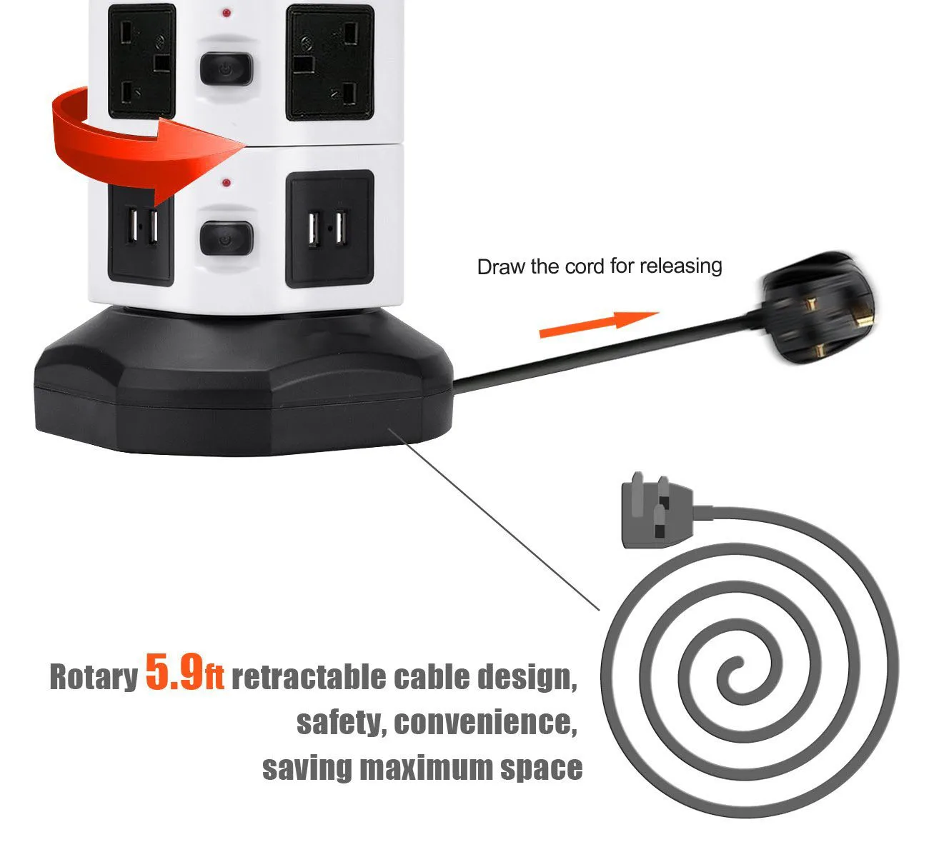 Tower Extension Lead with USB Slots, Surge Protected Multi Plug Extension 14 AC Outlets & 4 USB Ports Power Strip
