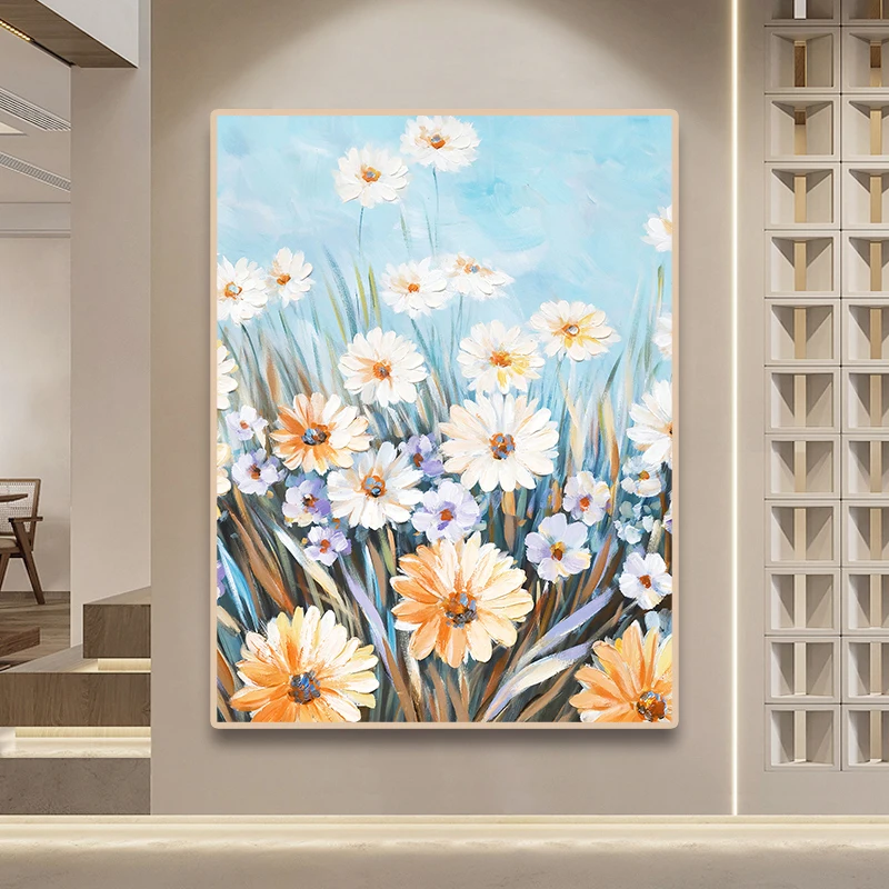 Custom Flower Oil Painting Blue Orange Canvas Modern Oil Painting 100% Handmade Painted With Framed Wall Art For Home Decor
