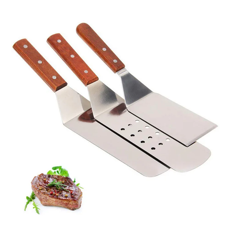 Stainless Steel Spatula Set Metal Flat Spatula and Scraper, Hamburger Pancake Turner with Wooden Handle