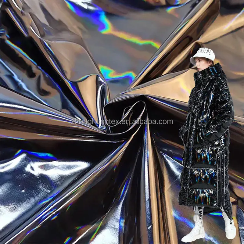 Wholesale Hologram Fabric PU Coated Colorful Holographic Vinyl Fabric Used For Long Jacket Men