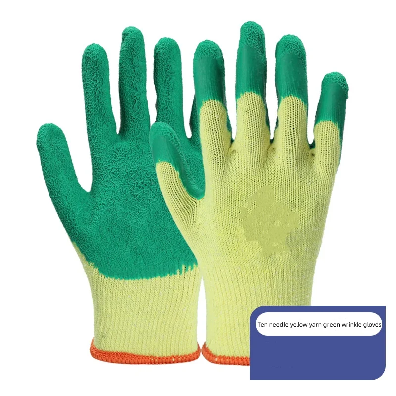 Wholesale Ten needle yellow yarn blue gloves wholesale wear resistant non slip latex dip plastic hanging rubber wrinkle gloves
