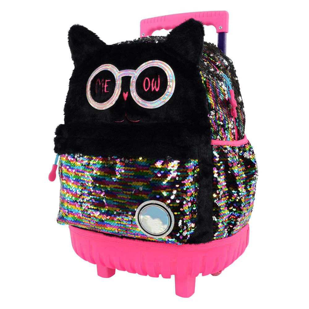 Stylish quality children plush animal sequin cute kids trolley rolling school bag  backpack with LED lights for school girls