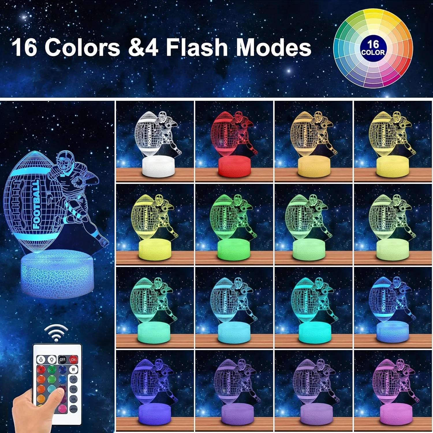 Magical Dream 16-Color Mode LED Night Light 3D Optical Illusion Football Player Lamp with Remote Control Perfect Gift Boys Girls