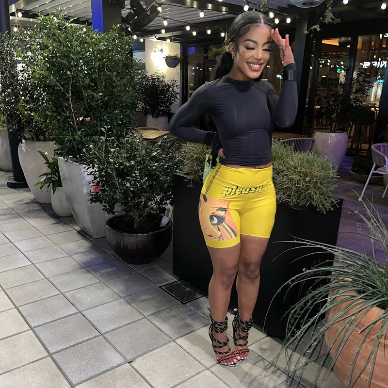 D14789 Summer Yellow Shorts Female Short Leggings Slim Women Short Pant 2022 Printing