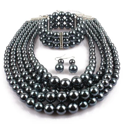 Exaggerated multilayer pearl beading bracelet earring necklace set
