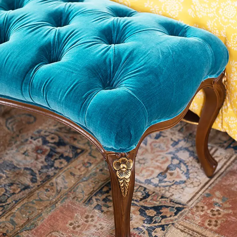American country solid wood carved fabric bed tail stool European retro velvet shoe changing stool clothing store rest stool
